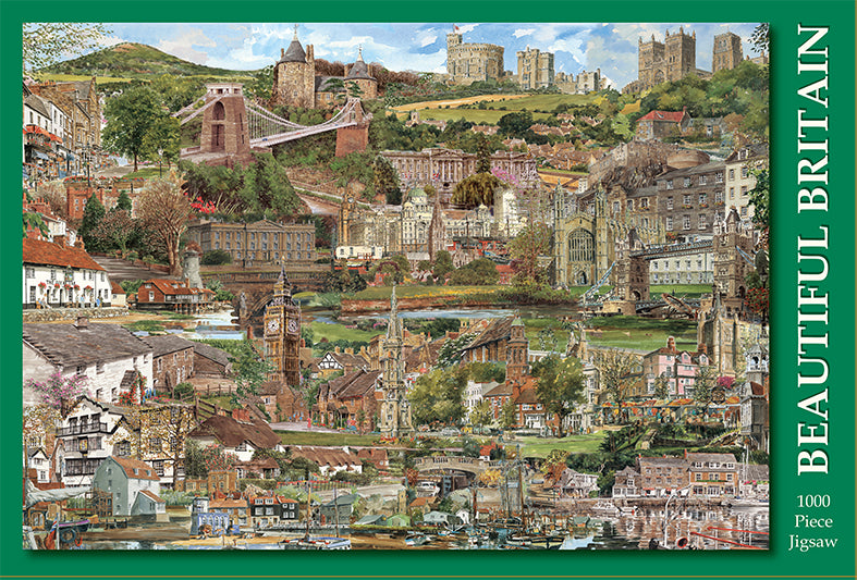 Galileo Beautiful Britain 1000 piece jigsaw puzzle box showing a collage of painted British scenes