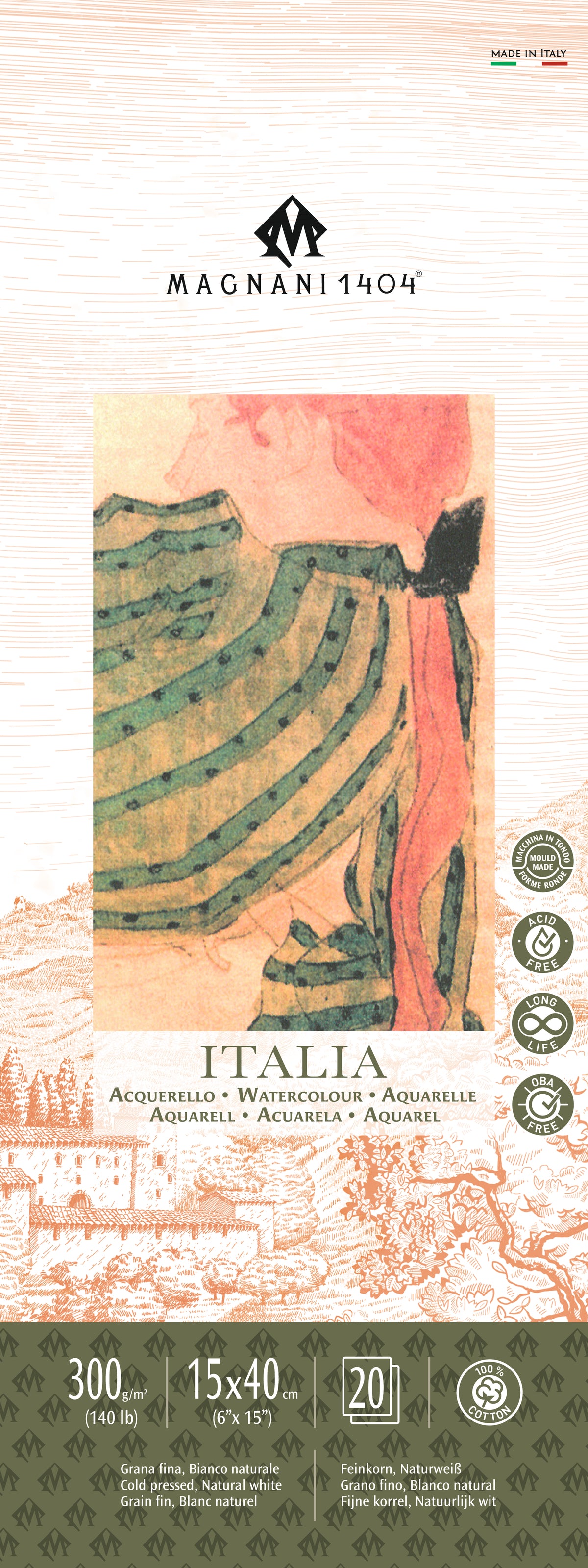 Magnani 1404 Italia Cold Pressed Watercolour Pad 300gsm – 15 x 40cm