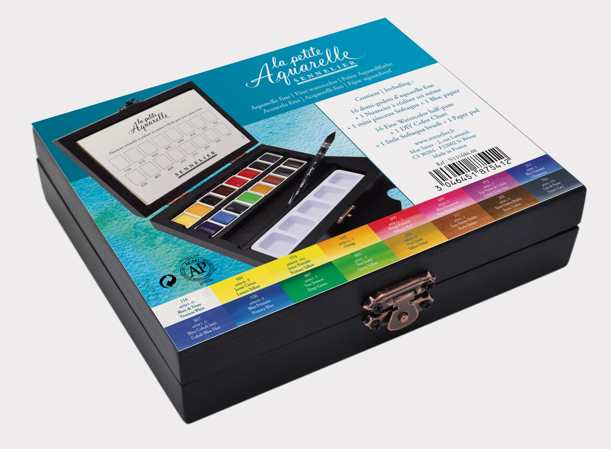 Sennelier La Petite Aquarelle Black Box Set – 16 Half Pans with Brush
