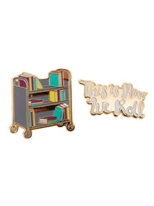 Out of Print This is How We Roll book truck enamel pin set of 2