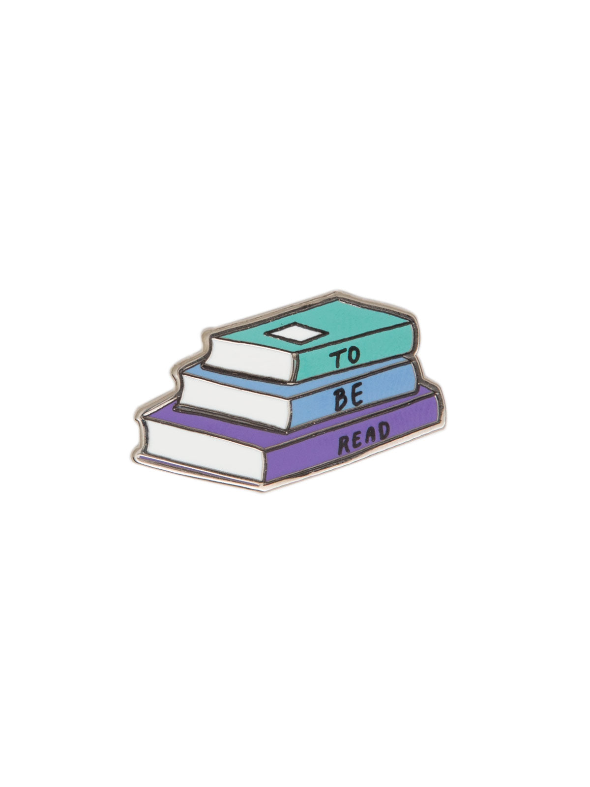 Out of Print To Be Read enamel pin showing a stack of books