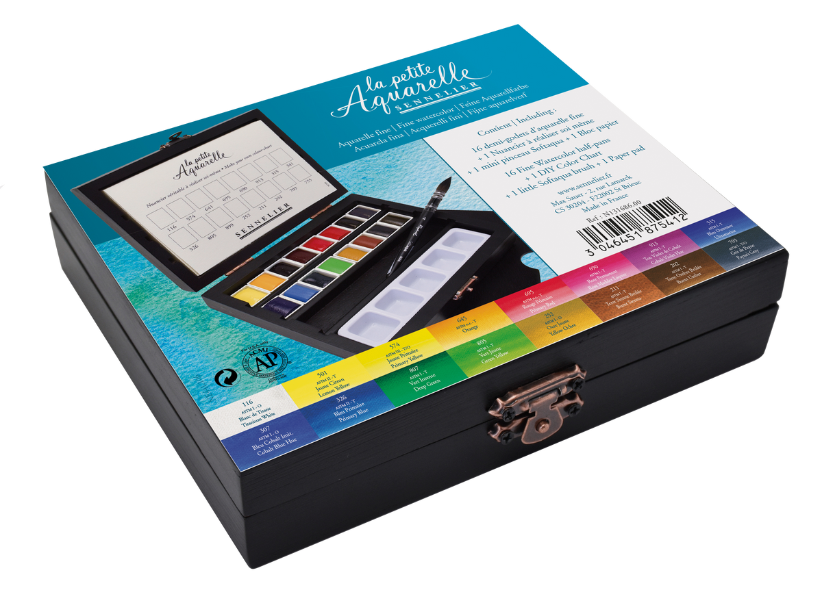 Sennelier La Petite Aquarelle Black Box Set – 16 Half Pans with Brush