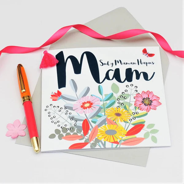 Welsh Mother's Day Card - Sul y Mamau Hapus Mam, Bouquet, Mum, Tassel Embellished