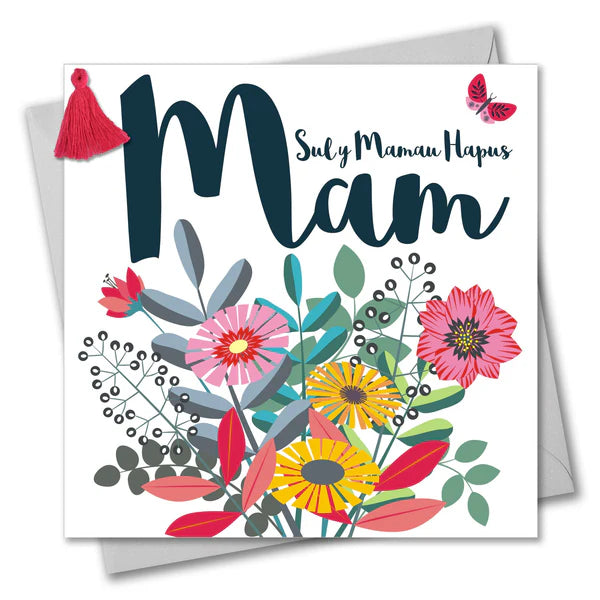 Welsh Mother's Day Card - Sul y Mamau Hapus Mam, Bouquet, Mum, Tassel Embellished