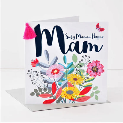 Welsh Mother's Day Card - Sul y Mamau Hapus Mam, Bouquet, Mum, Tassel Embellished