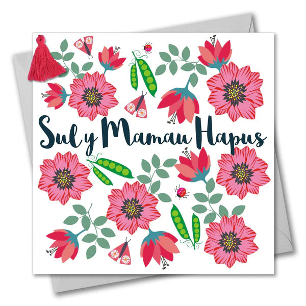 Welsh Mother's Day Card - Sul y Mamau Hapus, Flowers & Peas, Tassel Embellished