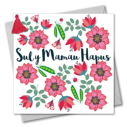 Welsh Mother's Day Card - Sul y Mamau Hapus, Flowers & Peas, Tassel Embellished