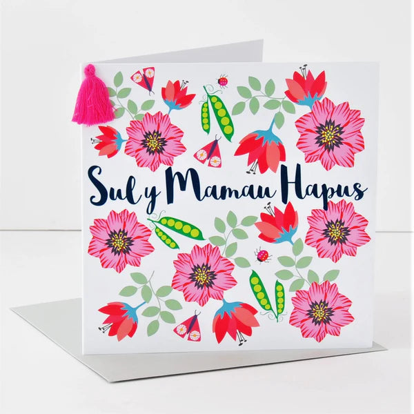 Welsh Mother's Day Card - Sul y Mamau Hapus, Flowers & Peas, Tassel Embellished