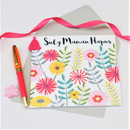 Welsh Mother's Day Card - Sul y Mamau Hapus, Flowers & Leaves, Tassel Embellished