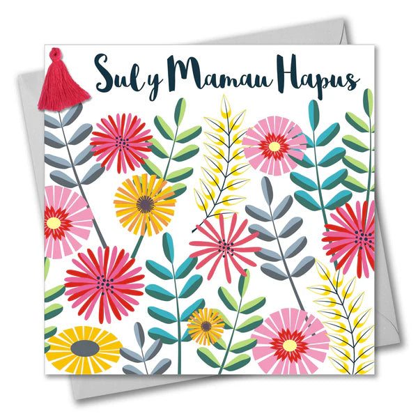 Welsh Mother's Day Card - Sul y Mamau Hapus, Flowers & Leaves, Tassel Embellished