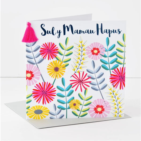 Welsh Mother's Day Card - Sul y Mamau Hapus, Flowers & Leaves, Tassel Embellished
