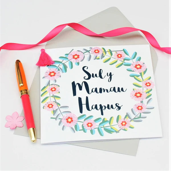 Welsh Mother's Day Card - Sul y Mamau Hapus, Flower Wreath, Tassel Embellished