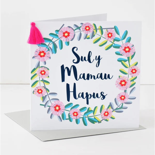 Welsh Mother's Day Card - Sul y Mamau Hapus, Flower Wreath, Tassel Embellished
