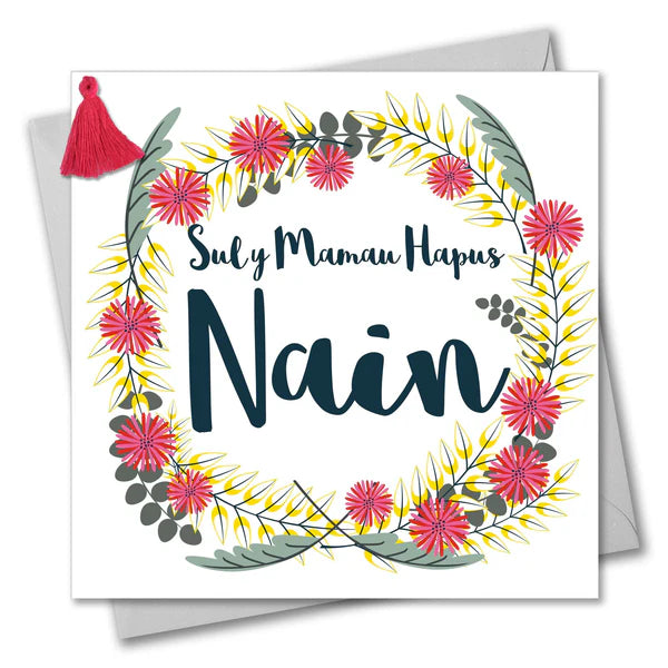 Welsh Grandma Mother's Day Card - Sul y Mamau Hapus Nain, Tassel Embellished