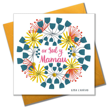 Welsh Mother's Day Card - Sul y Mamau Hapus, Flowers Wreath, Pompom Embellished