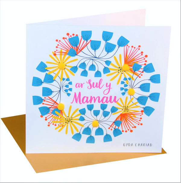Welsh Mother's Day Card - Sul y Mamau Hapus, Flowers Wreath, Pompom Embellished