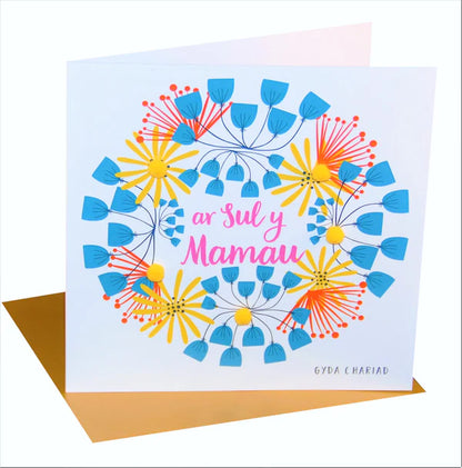 Welsh Mother's Day Card - Sul y Mamau Hapus, Flowers Wreath, Pompom Embellished