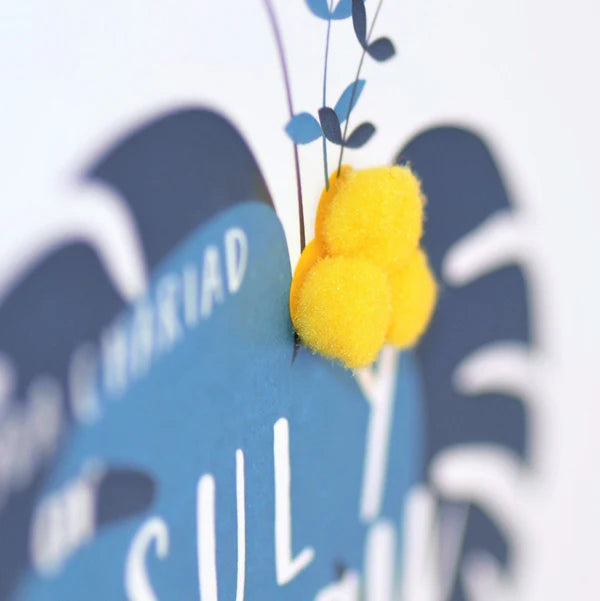 Welsh Mother's Day Card - Sul y Mamau Hapus, Tropical Leaves, Pompom Embellished