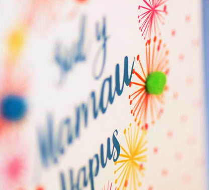 Welsh Mother's Day Card - Sul y Mamau Hapus, Dots & Flowers, Pompom Embellished
