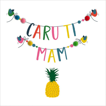 Welsh Mother's Day Card - Sul y Mamau Hapus, Mam, Pineapple, Pompom Embellished