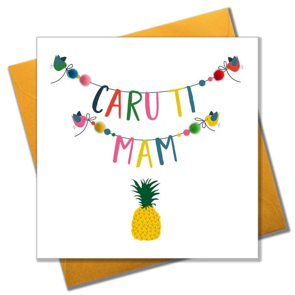 Welsh Mother's Day Card - Sul y Mamau Hapus, Mam, Pineapple, Pompom Embellished