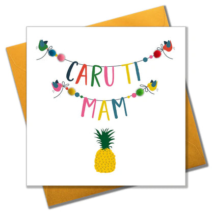 Welsh Mother's Day Card - Sul y Mamau Hapus, Mam, Pineapple, Pompom Embellished