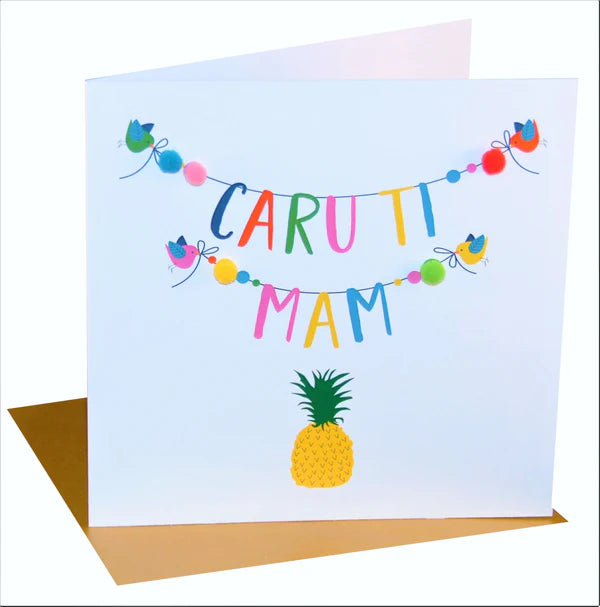 Welsh Mother's Day Card - Sul y Mamau Hapus, Mam, Pineapple, Pompom Embellished