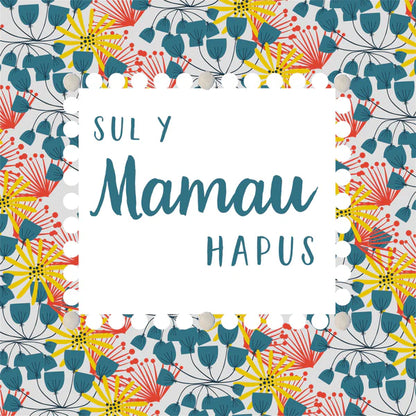 Welsh Mother's Day Card - Sul y Mamau Hapus, Floral Pattern, Pompom Embellished
