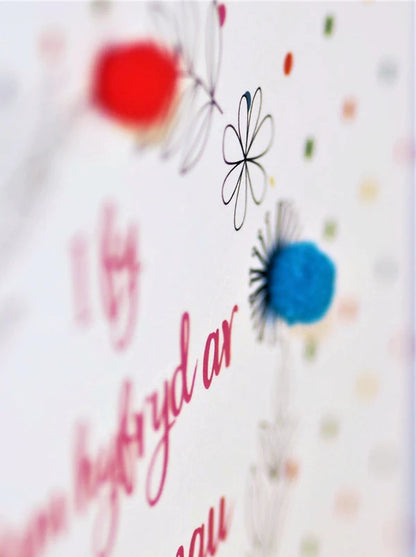 Welsh Mother's Day Card - Sul y Mamau Hapus, Mam, Colour Dots, Pompom Embellished