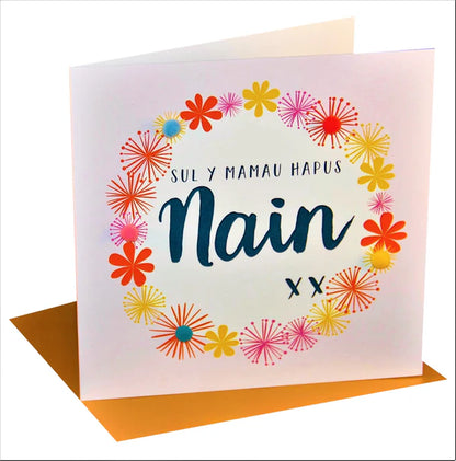 Welsh Granny Mother's Day Card - Sul y Mamau Hapus Nain, Pompom Embellished