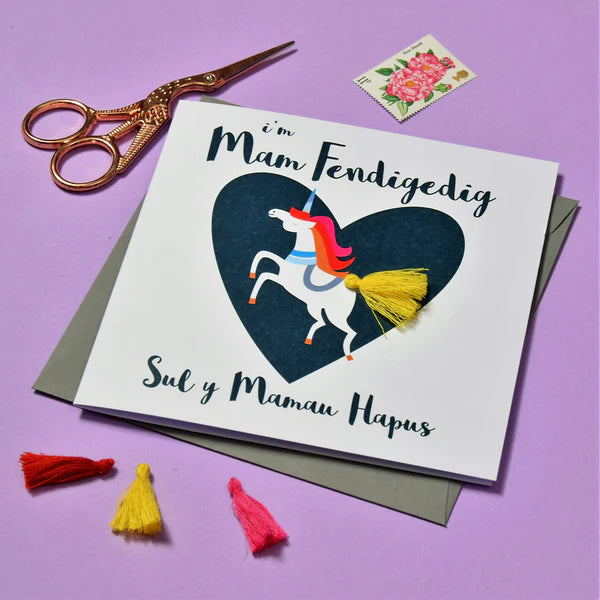 Welsh Mother's Day Card - Sul y Mamau Hapus, Mam, Unicorn Tassel Embellished
