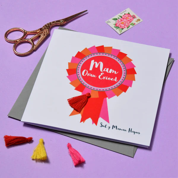 Welsh Mother's Day Card - Sul y Mamau Hapus, Mam, Rosette, Tassel Embellished