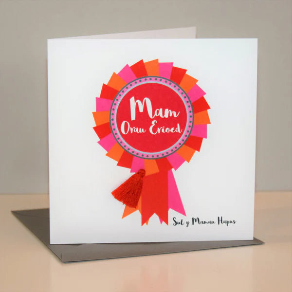 Welsh Mother's Day Card - Sul y Mamau Hapus, Mam, Rosette, Tassel Embellished