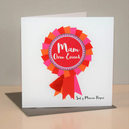 Welsh Mother's Day Card - Sul y Mamau Hapus, Mam, Rosette, Tassel Embellished