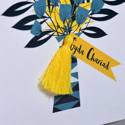 Welsh Mother's Day Card - Sul y Mamau Hapus, Flowers Bouquet, Tassel Embellished