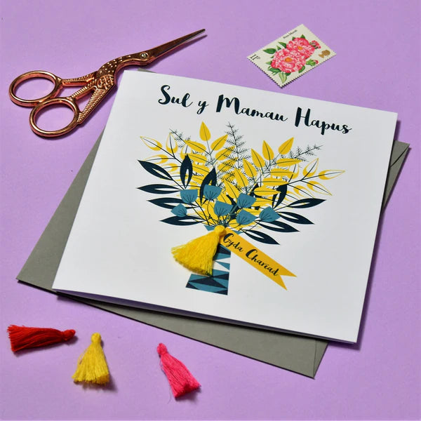 Welsh Mother's Day Card - Sul y Mamau Hapus, Flowers Bouquet, Tassel Embellished