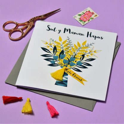 Welsh Mother's Day Card - Sul y Mamau Hapus, Flowers Bouquet, Tassel Embellished