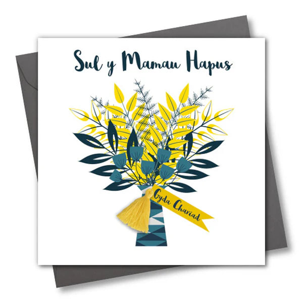 Welsh Mother's Day Card - Sul y Mamau Hapus, Flowers Bouquet, Tassel Embellished