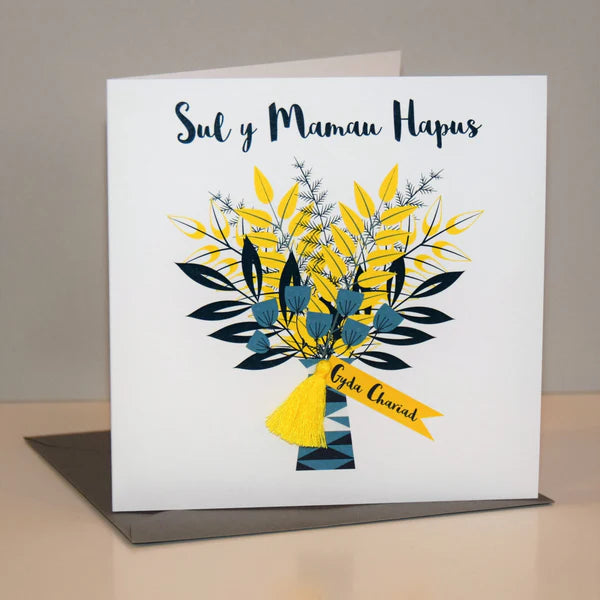 Welsh Mother's Day Card - Sul y Mamau Hapus, Flowers Bouquet, Tassel Embellished