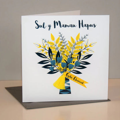 Welsh Mother's Day Card - Sul y Mamau Hapus, Flowers Bouquet, Tassel Embellished