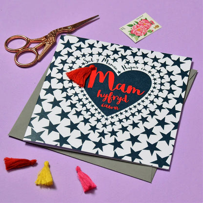 Welsh Mother's Day Card - Sul y Mamau Hapus, Mam, Star Heart, Tassel Embellished