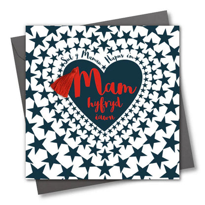 Welsh Mother's Day Card - Sul y Mamau Hapus, Mam, Star Heart, Tassel Embellished