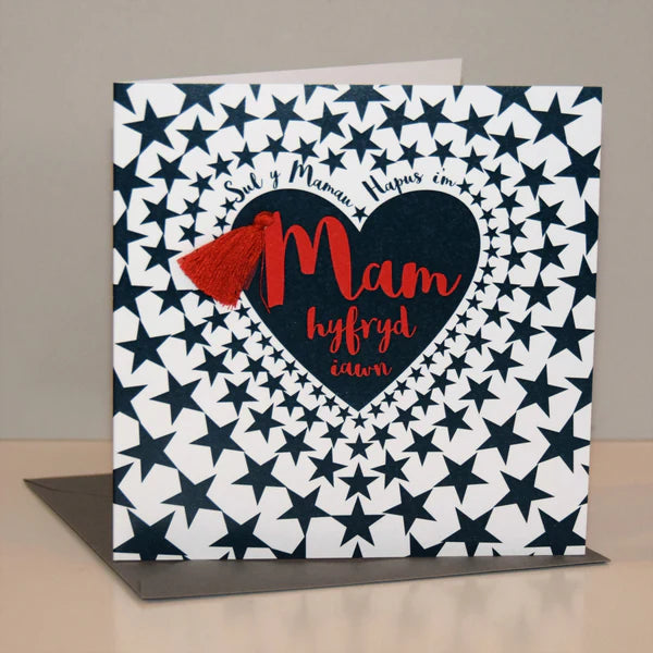 Welsh Mother's Day Card - Sul y Mamau Hapus, Mam, Star Heart, Tassel Embellished