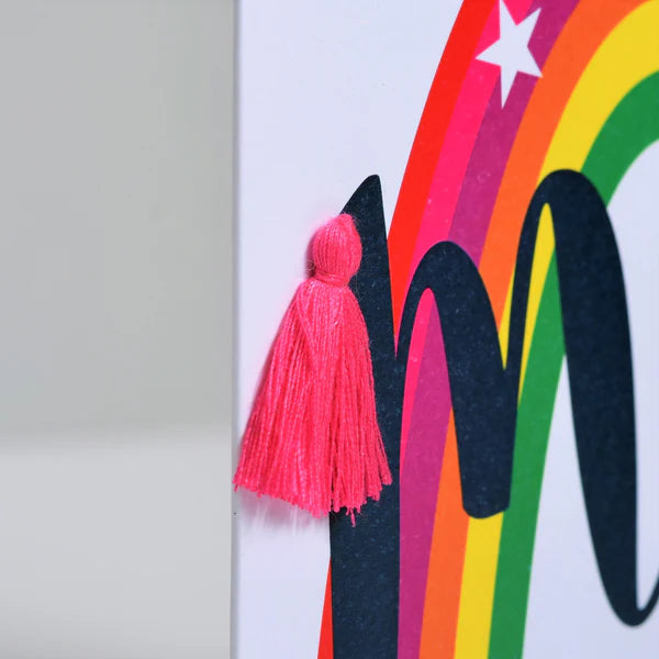 Welsh Mother's Day Card - Sul y Mamau Hapus, Mam, Rainbow, Tassel Embellished
