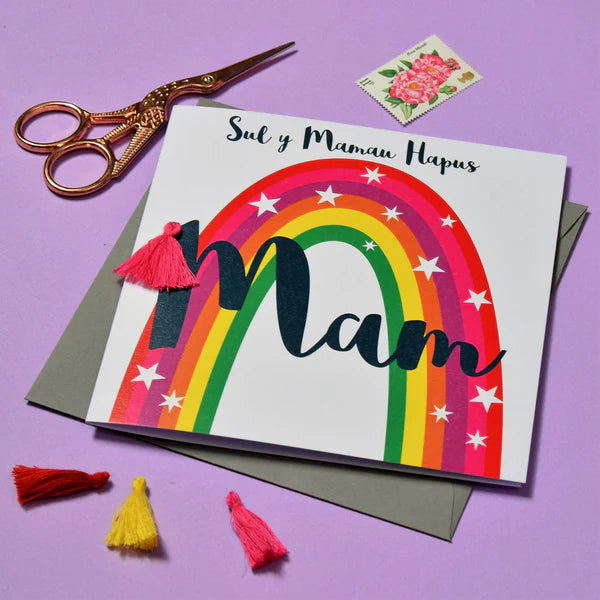 Welsh Mother's Day Card - Sul y Mamau Hapus, Mam, Rainbow, Tassel Embellished
