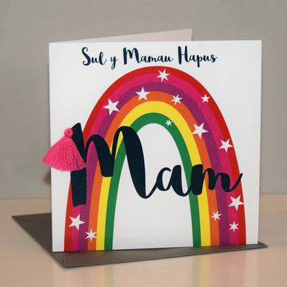 Welsh Mother's Day Card - Sul y Mamau Hapus, Mam, Rainbow, Tassel Embellished