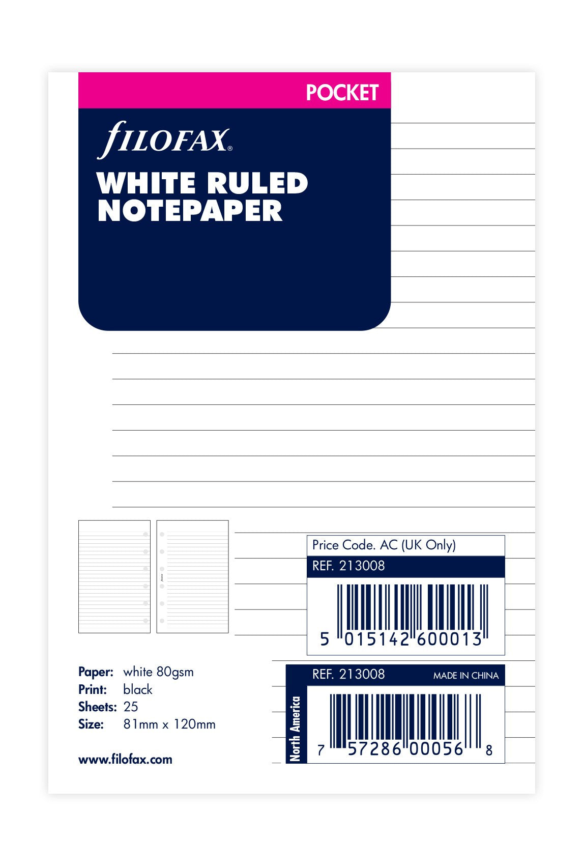 Filofax Pocket White Ruled Notepaper Refill – 25 Sheets