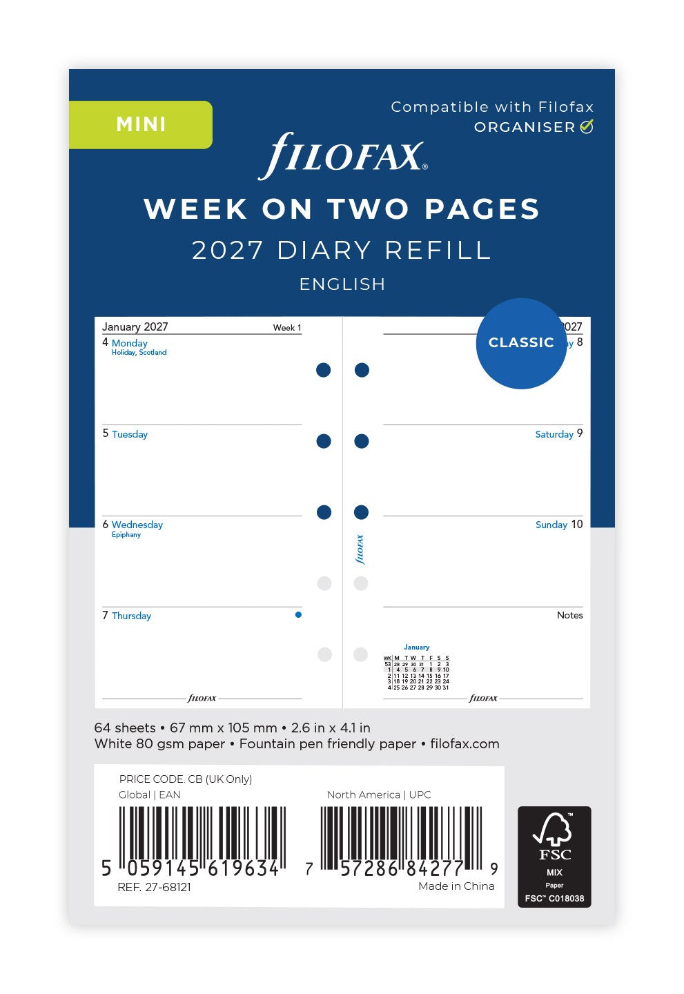 Filofax Mini Week on Two Pages Diary Refill 2027 – English