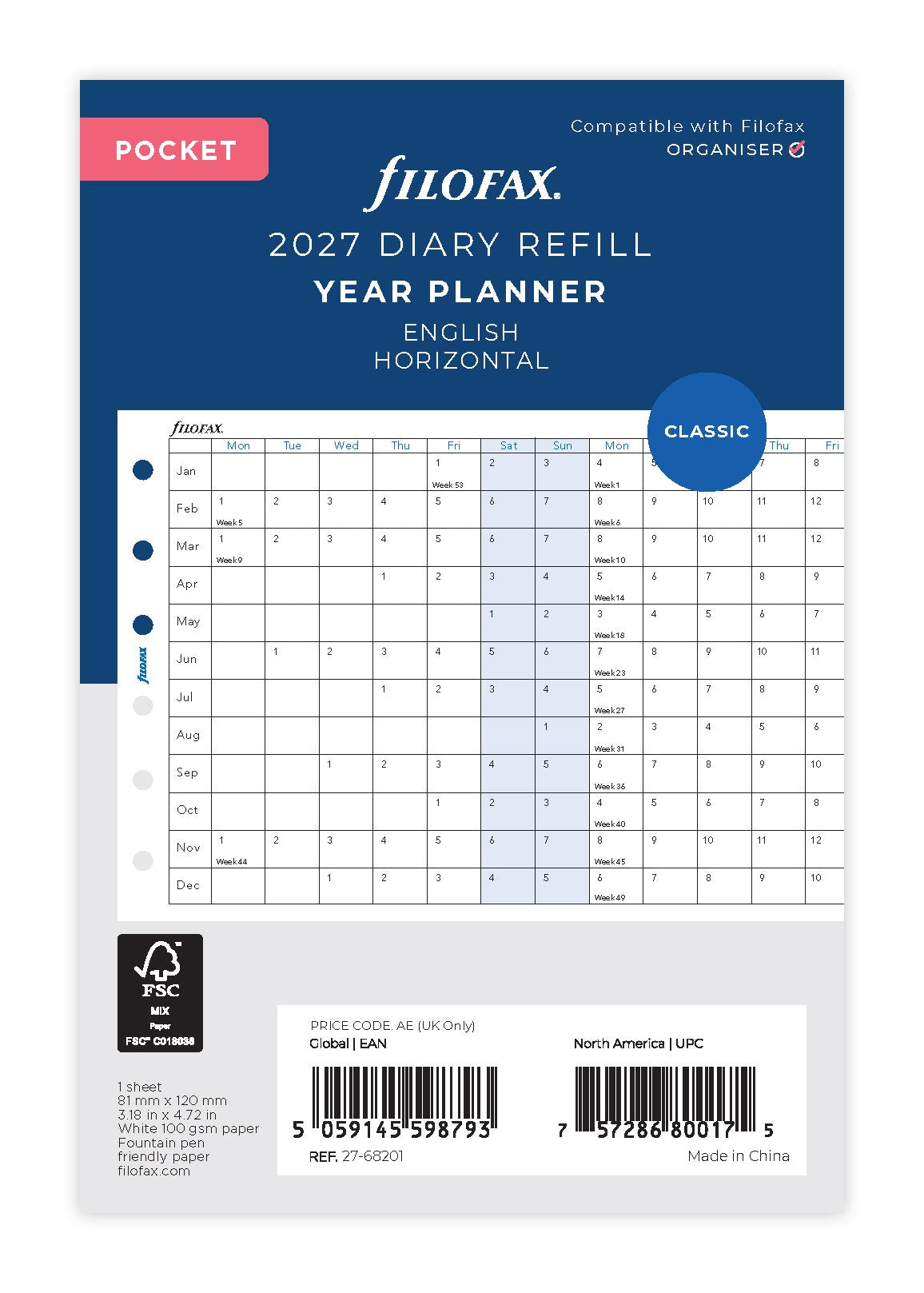 Filofax Pocket Horizontal Year Planner Refill 2027 – Fold-Out