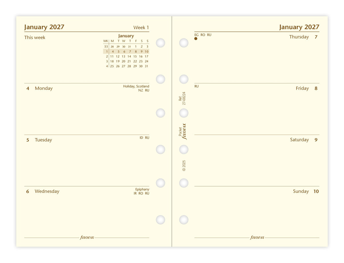 Filofax Pocket Week on Two Pages Diary Refill 2027 – Cotton Cream Paper